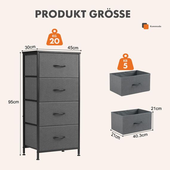 Sweetcrispy Kommode mit 4 Schubladen, Stoff Schubladenschrank, Schmal Schrank, Kommode Schlafzimmer, Industrial Stil für Wohnzimmer, Kinderzimmer, Flur Aufbewahrungsschrank, Hellgrau