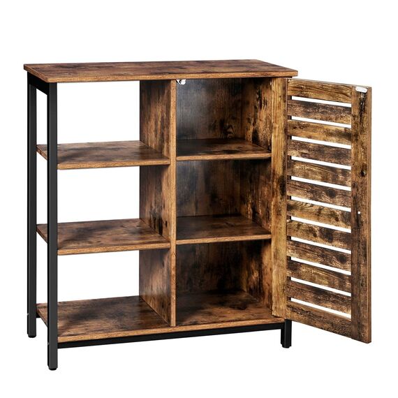 VASAGLE Aufbewahrungsmöbel, Sideboard, Schrank, 3 Regale und 1 Fach mit Tür, Stahlrahmen, Küche, Wohnzimmer, Büro, Industriestil, rustikales Braun und Schwarz LSC74BX