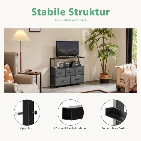 DUMOS Kommode mit Schubladen - kommoden & Sideboards für Schlafzimmer Geeignet, Komodenschrank mit 5 Schubladen, TV-Schrank mit Stabilem Stahlrahmen, Ideal für Schlafzimmer, Wohnzimmer (Grau)