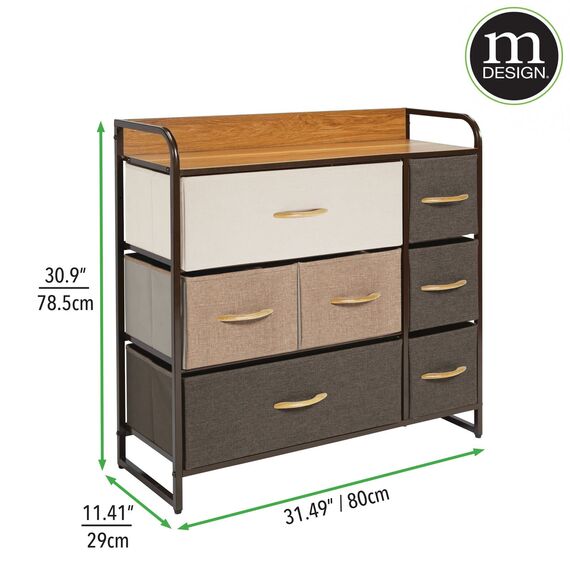 mDesign Kommode mit 7 Schubladen – breiter Schubladenschrank für Schlafzimmer, Wohnzimmer oder Flur – Kleiderkommode aus Metall, MDF und Stoff – mehrfarbig und braun