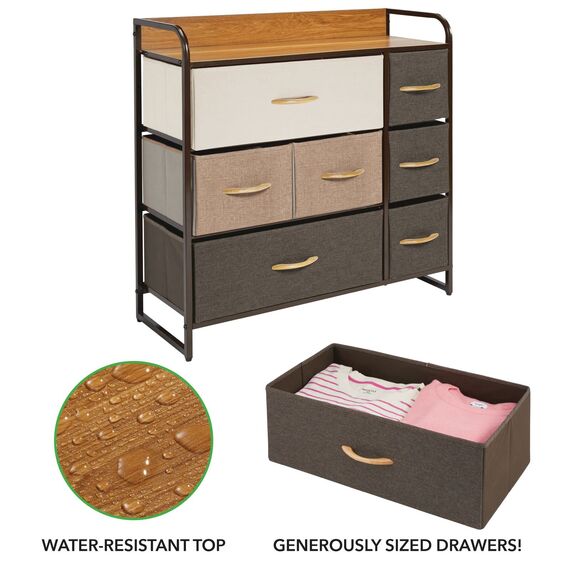 mDesign Kommode mit 7 Schubladen – breiter Schubladenschrank für Schlafzimmer, Wohnzimmer oder Flur – Kleiderkommode aus Metall, MDF und Stoff – mehrfarbig und braun