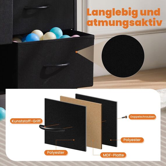 Sweetcrispy Kommode für Schlafzimmer, breite Schublade Kommode, 8 Stoffschubladen mit Griffen, Schubladen aus Stoff, Schrank, TV Stand für Schlafzimmer, Schrank, Wohnzimmer, Kinderzimmer, Schwarz