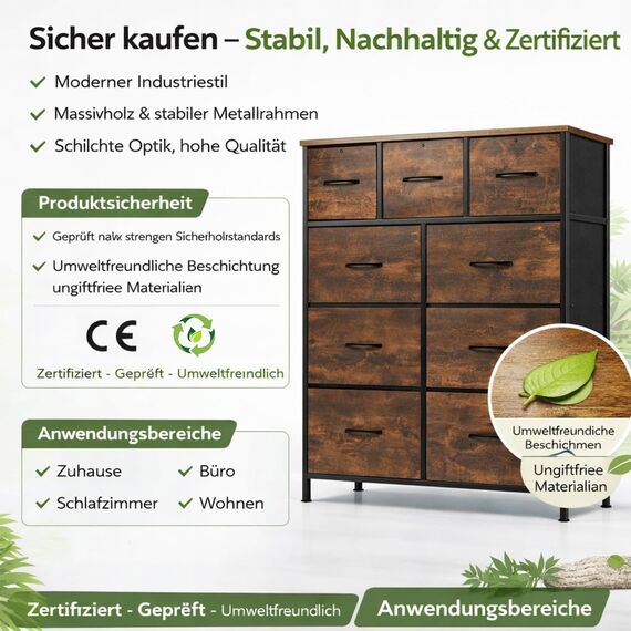 DUMOS Kommode mit Schubladen - Kommoden & Sideboards für Schlafzimmer Geeignet, Komodenschrank mit 9 Schubladen, Stoffkommode mit Stabilem Stahlrahmen, Ideal für Schlafzimmer, Wohnzimmer(Vintagebraun)