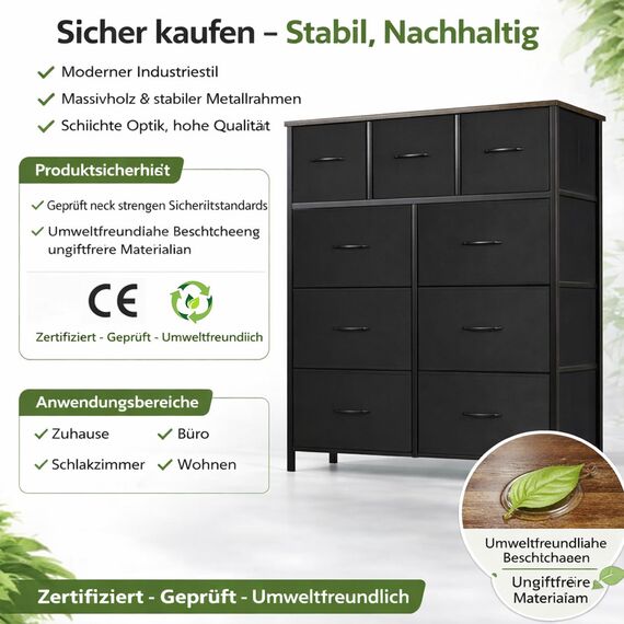 DUMOS Kommode mit Schubladen - Kommoden & Sideboards für Schlafzimmer Geeignet, Komodenschrank mit 9 Schubladen, Stoffkommode mit Stabilem Stahlrahmen, Ideal für Schlafzimmer, Wohnzimmer (Schwarz)