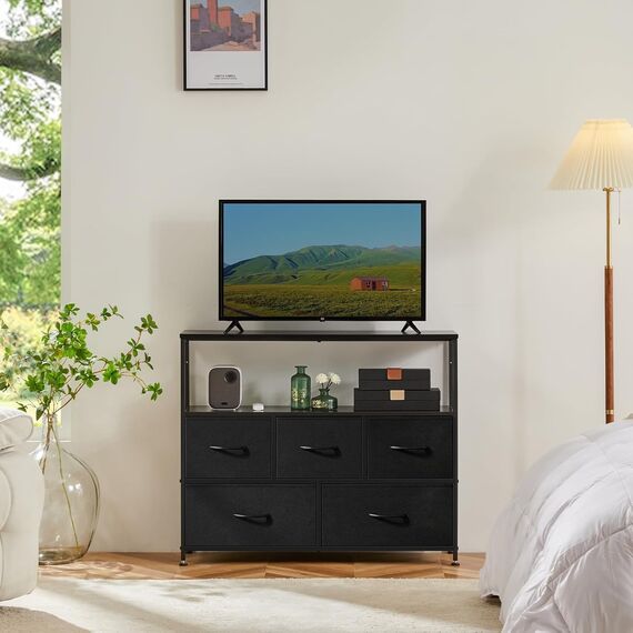 DUMOS Kommode mit Schubladen - kommoden & Sideboards für Schlafzimmer Geeignet, Komodenschrank mit 5 Schubladen, TV-Schrank mit Stabilem Stahlrahmen, Ideal für Schlafzimmer, Wohnzimmer (Schwarz)