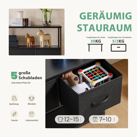 DUMOS Kommode mit Schubladen - kommoden & Sideboards für Schlafzimmer Geeignet, Komodenschrank mit 5 Schubladen, TV-Schrank mit Stabilem Stahlrahmen, Ideal für Schlafzimmer, Wohnzimmer (Schwarz)