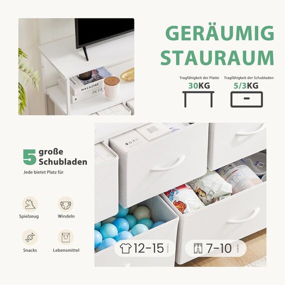 DUMOS Kommode mit Schubladen - kommoden & Sideboards für Schlafzimmer Geeignet, Komodenschrank mit 5 Schubladen, TV-Schrank mit Stabilem Stahlrahmen, Ideal für Schlafzimmer, Wohnzimmer (Weiß)