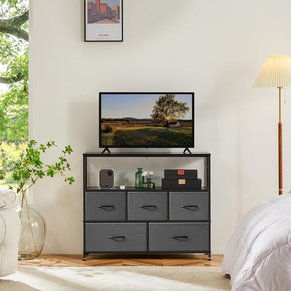 DUMOS Kommode mit Schubladen - kommoden & Sideboards für Schlafzimmer Geeignet, Komodenschrank mit 5 Schubladen, TV-Schrank mit Stabilem Stahlrahmen, Ideal für Schlafzimmer, Wohnzimmer (Grau)