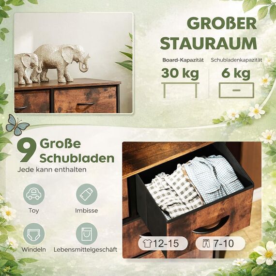 DUMOS Kommode mit Schubladen - Kommoden & Sideboards für Schlafzimmer Geeignet, Komodenschrank mit 9 Schubladen, Stoffkommode mit Stabilem Stahlrahmen, Ideal für Schlafzimmer, Wohnzimmer(Vintagebraun)