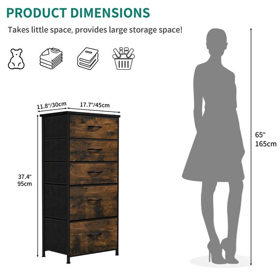 YITAHOME Kommode, 5 Stoffschubladen mit Griffen, Aufbewahrungsschrank, Schubladenschrank, Schrank, Metallgestell, stoffkommode für Schlafzimmer, für Wohnzimmer, Flur, Büro, rustikal braun