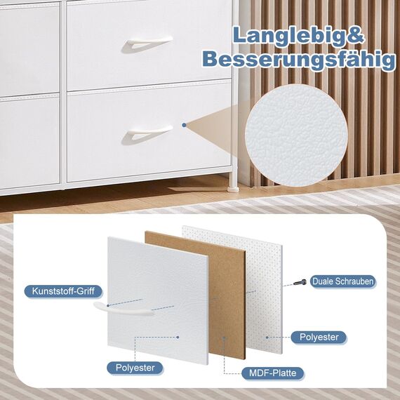 DUMOS Kommode mit Schubladen - Kommoden & Sideboards für Schlafzimmer Geeignet, Komodenschrank mit 9 Schubladen, Stoffkommode mit Stabilem Stahlrahmen, Ideal für Schlafzimmer, Wohnzimmer (Weiß)