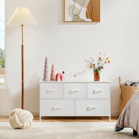 DUMOS Antonia Kommode für Schlafzimmer mit 5 Stoffschubladen, kleine Kommode Organizer Einheiten für Kleidung, Schrank, Kinderzimmer, Aufbewahrungsturm mit Schrank, Metallrahmen, Holzplatte, leichte