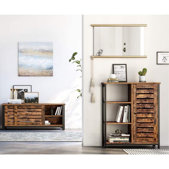 VASAGLE Aufbewahrungsmöbel, Sideboard, Schrank, 3 Regale und 1 Fach mit Tür, Stahlrahmen, Küche, Wohnzimmer, Büro, Industriestil, rustikales Braun und Schwarz LSC74BX