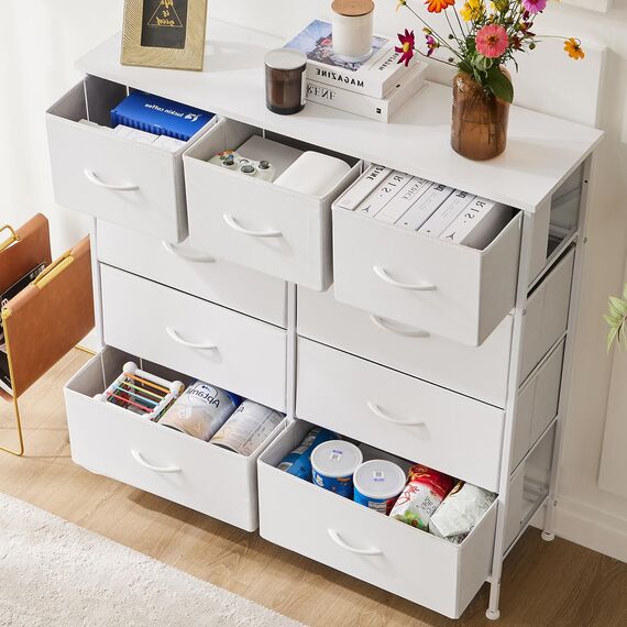 DUMOS Kommode mit Schubladen - Kommoden & Sideboards für Schlafzimmer Geeignet, Komodenschrank mit 9 Schubladen, Stoffkommode mit Stabilem Stahlrahmen, Ideal für Schlafzimmer, Wohnzimmer (Weiß)