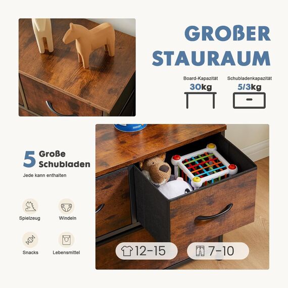 DUMOS Antonia Kommode für Schlafzimmer mit 5 Stoffschubladen, kleine Kommode Organizer Einheiten für Kleidung, Schrank, Kinderzimmer, Aufbewahrungsturm mit Schrank, Metallrahmen, Holzplatte, leichte