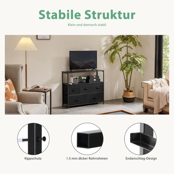 DUMOS Kommode mit Schubladen - kommoden & Sideboards für Schlafzimmer Geeignet, Komodenschrank mit 5 Schubladen, TV-Schrank mit Stabilem Stahlrahmen, Ideal für Schlafzimmer, Wohnzimmer (Schwarz)
