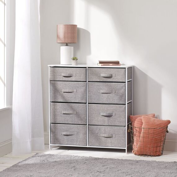mDesign Kommode mit 8 Schubladen – stabiler Schubladenschrank für Schlafzimmer, Wohnzimmer oder Flur – Kleiderkommode aus Metall und Stoff – grau