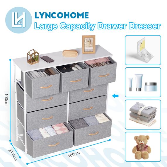 LYNCOHOME Kommode für Schlafzimmer, 9 Schubladen, Kommode mit tiefen und großen Schubladen, Stoffschubladen, einfach zu montieren, für Schlafzimmer, Kinderzimmer, Wohnzimmer, Schrank