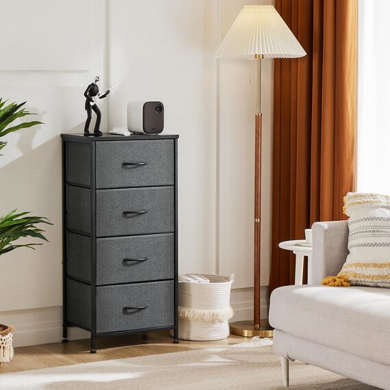 Sweetcrispy Kommode mit 4 Schubladen, Stoff Schubladenschrank, Schmal Schrank, Kommode Schlafzimmer, Industrial Stil für Wohnzimmer, Kinderzimmer, Flur Aufbewahrungsschrank, Hellgrau