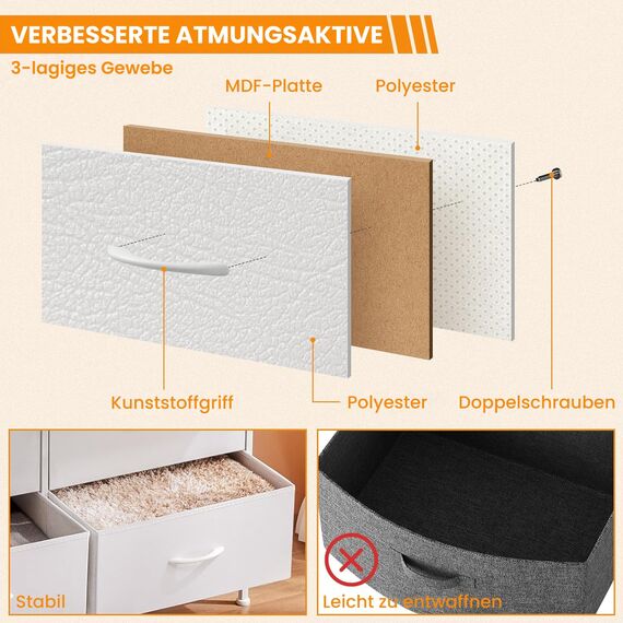 DUMOS Kommode mit Schubladen - kommoden & Sideboards für Schlafzimmer Geeignet, Komodenschrank mit 4 Schubladen, Stoffkommode mit Stabilem Stahlrahmen, Ideal für Schlafzimmer, Wohnzimmer (Weiß)