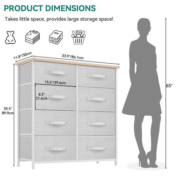 YITAHOME Kommode mit 8 Schubladen, Schrank mit Schubladen aus Stoff, Aufbewahrungskommode Industrial Stil für Schlafzimmer, Wohnzimmer, Kinderzimmer, Aufbewahrungsschrank (Hellgrau)