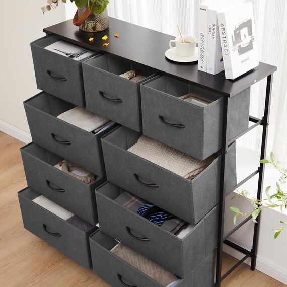 DUMOS Antonia Kommode für Schlafzimmer mit 9 Stoffschubladen, hohe Kommode Organizer für Kleidung, Schrank, Kinderzimmer, Aufbewahrungsturm mit Schrank, Metallrahmen, Holzplatte