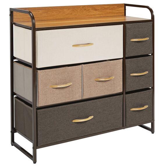 mDesign Kommode mit 7 Schubladen – breiter Schubladenschrank für Schlafzimmer, Wohnzimmer oder Flur – Kleiderkommode aus Metall, MDF und Stoff – mehrfarbig und braun