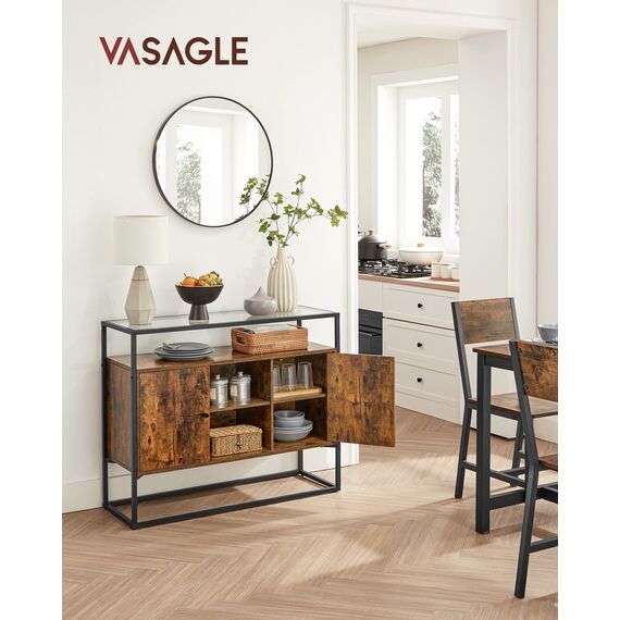 VASAGLE Sideboard, Beistellschrank, Küchenschrank, offene Fächer, 100 x 35 x 80 cm, Stahlgestell, Hartglas, vintagebraun-schwarz LSC014B01