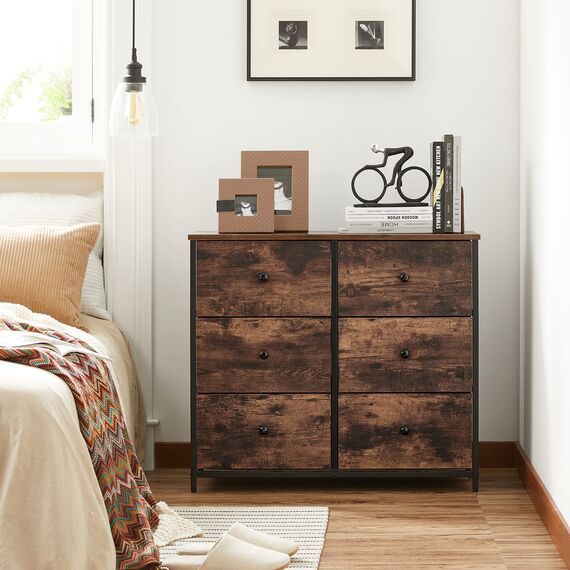 SONGMICS Kommode für Schlafzimmer, MDF, Metall, Vliesstoff, Massivholzknauf, braun, 31.5 x 11.8 x 28 Inches