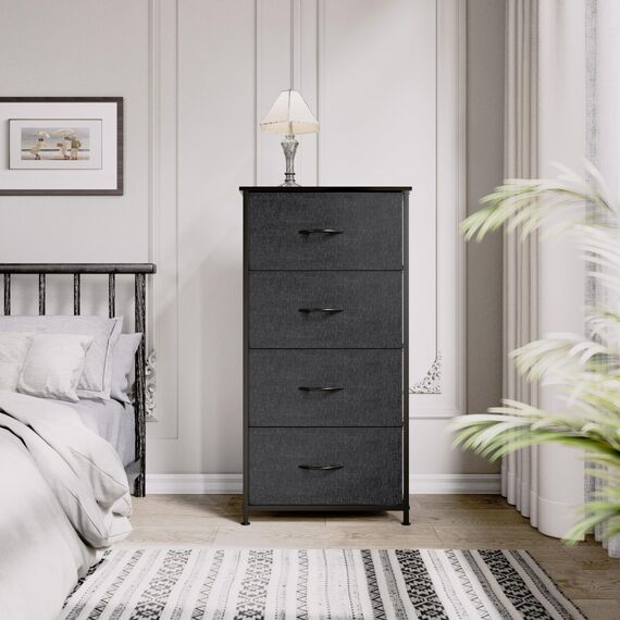 YITAHOME Kommode mit Schubladen, Schrank mit 4 Schubladen aus Stoff, Aufbewahrungskommode Industrial Stil für Schlafzimmer, Wohnzimmer, Kinderzimmer, Flur, Aufbewahrungsschrank (Schwarzgrau)