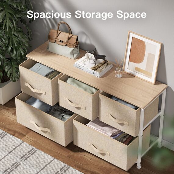 Pipishell Kommode Schmal Schrank mit 5 Schubladen aus Stoff, praktische Aufbewahrungskommode, Ordnungsmöbel für Schlafzimmer, Kinderzimmer, Wohnungseingang, Flur, Beige