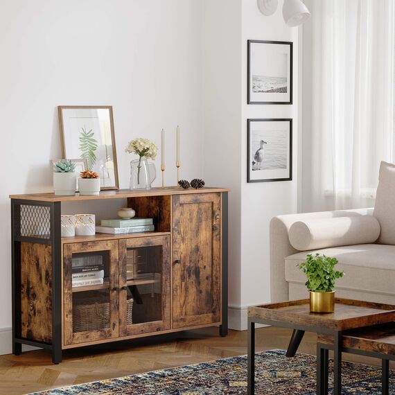 VASAGLE Sideboard, Küchenschrank, Aufbewahrungsschrank, mit 3 Türen, für Wohnzimmer, Küche, Esszimmer, 33 x 110 x 75 cm, Landhausstil, vintagebraun-schwarz LSC096B01