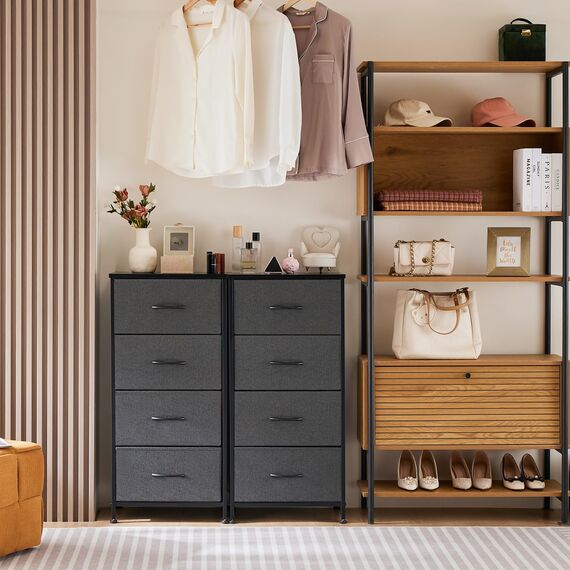 Sweetcrispy Kommode mit 4 Schubladen, Stoff Schubladenschrank, Schmal Schrank, Kommode Schlafzimmer, Industrial Stil für Wohnzimmer, Kinderzimmer, Flur Aufbewahrungsschrank, Hellgrau