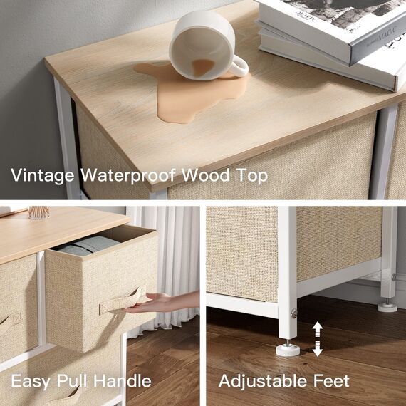 Pipishell Kommode Schmal Schrank mit 5 Schubladen aus Stoff, praktische Aufbewahrungskommode, Ordnungsmöbel für Schlafzimmer, Kinderzimmer, Wohnungseingang, Flur, Beige