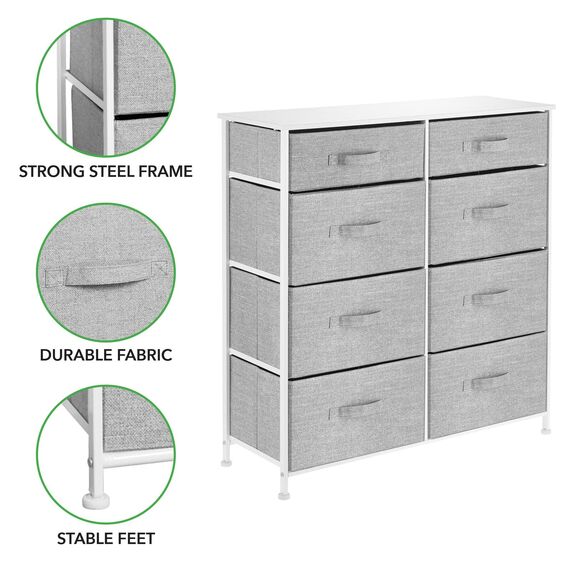 mDesign Kommode mit 8 Schubladen – stabiler Schubladenschrank für Schlafzimmer, Wohnzimmer oder Flur – Kleiderkommode aus Metall und Stoff – grau
