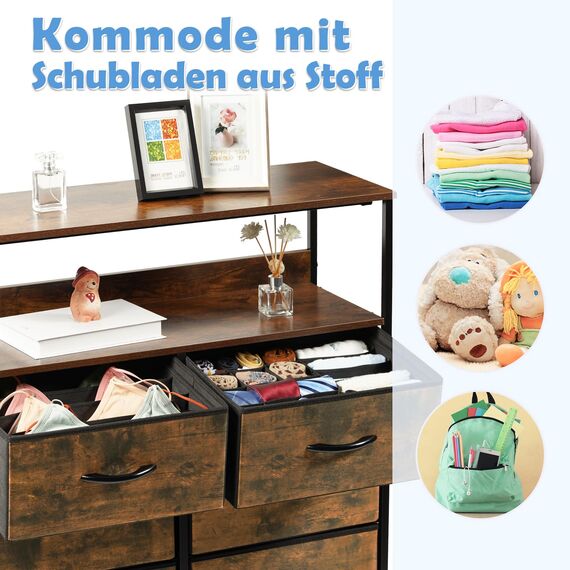 LYNCOHOME Kommode mit Schubladen aus Stoff, Sideboard Flur Schrank mit 6 Stoffschubladen und Fächern, Schubladenschrank Ordnungsmöbel für Küche Büro Bedroom