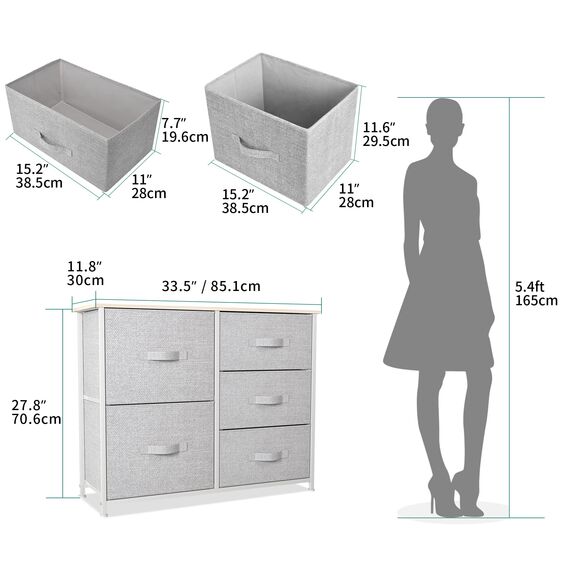 YITAHOME Kommode mit Schubladen, Schrank mit 5 Schubladen aus Stoff, Aufbewahrungskommode Industrial Stil für Schlafzimmer, Wohnzimmer, Kinderzimmer, Flur, Aufbewahrungsschrank (Hellgrau)