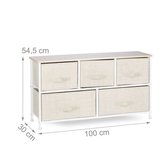 Relaxdays Regalsystem, 5 Stoff-Schubladen, universale Schubladenbox, Metall und Holz, HxBxT: 54,5 x 100 x 30 cm, beige, Design E