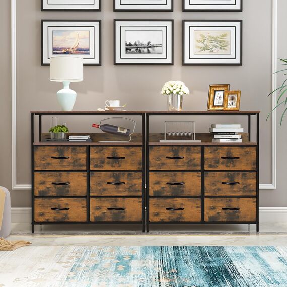 LYNCOHOME Kommode mit Schubladen aus Stoff, Sideboard Flur Schrank mit 6 Stoffschubladen und Fächern, Schubladenschrank Ordnungsmöbel für Küche Büro Bedroom
