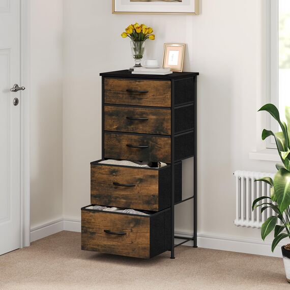 YITAHOME Kommode, 5 Stoffschubladen mit Griffen, Aufbewahrungsschrank, Schubladenschrank, Schrank, Metallgestell, stoffkommode für Schlafzimmer, für Wohnzimmer, Flur, Büro, rustikal braun