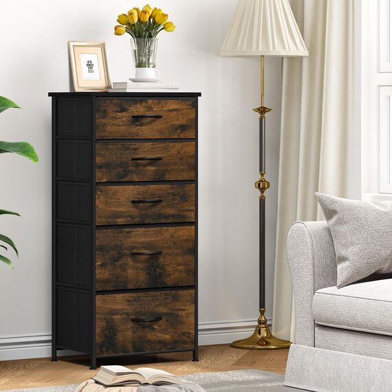 YITAHOME Kommode, 5 Stoffschubladen mit Griffen, Aufbewahrungsschrank, Schubladenschrank, Schrank, Metallgestell, stoffkommode für Schlafzimmer, für Wohnzimmer, Flur, Büro, rustikal braun