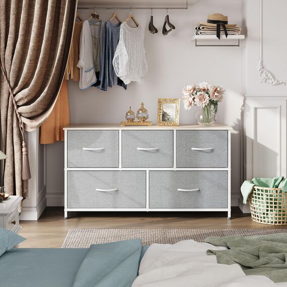 WLIVE Kommode mit 5 Schubladen aus Stoff, Kommodenschrank für Schlafzimmer, Kommode Wohnzimmer Flur, mit Stabiler Stahlrahmen, Holzplatte, Hellgrau