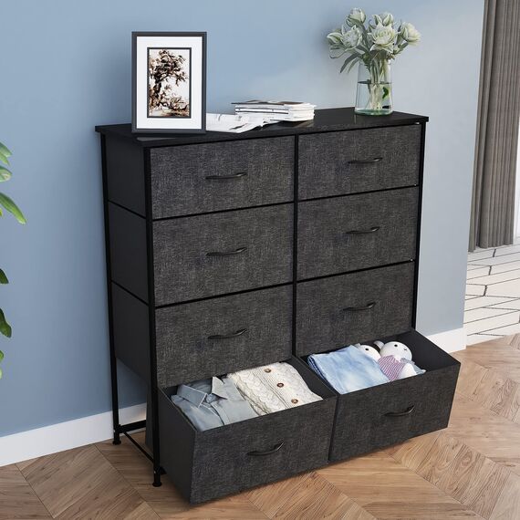 YITAHOME kommode mit Schubladen, Schrank mit 8 Schubladen aus Stoff, Modernen Stil, Stabiler Metallrahmen, Holztischplatte, Aufbewahrungskommode für Schlafzimmer, Wohnzimmer, Flur, Schwarz und Grau