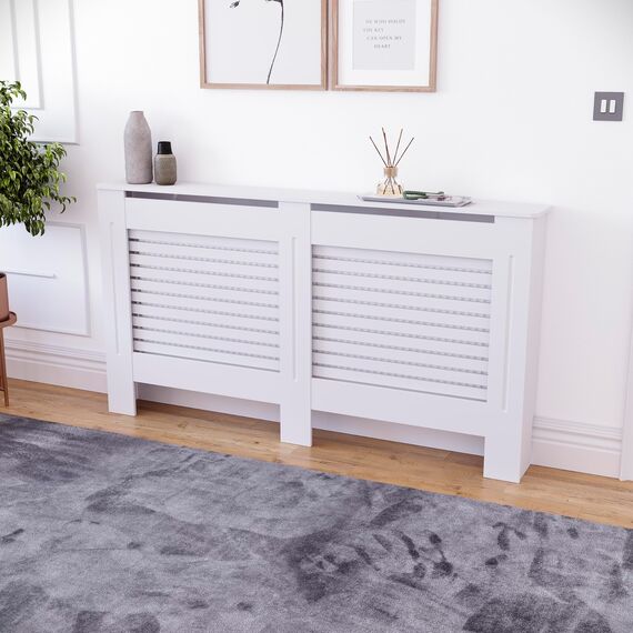 Vida Designs Milton Heizkörperabdeckung Weiß - Groß - Modernes horizontales Lamellendesign für optimale Wärmeverteilung - H82xW152xD19cm - Lackiertes MDF-Möbel Ideal für Wohnzimmer und Flur