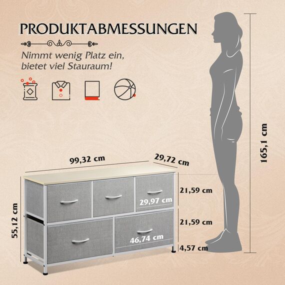 WLIVE Kommode mit 5 Schubladen aus Stoff, Kommodenschrank für Schlafzimmer, Kommode Wohnzimmer Flur, mit Stabiler Stahlrahmen, Holzplatte, Hellgrau