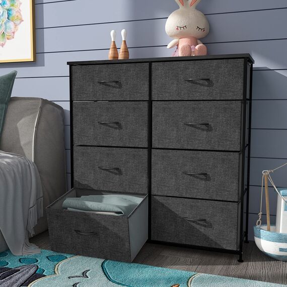 YITAHOME kommode mit Schubladen, Schrank mit 8 Schubladen aus Stoff, Modernen Stil, Stabiler Metallrahmen, Holztischplatte, Aufbewahrungskommode für Schlafzimmer, Wohnzimmer, Flur, Schwarz und Grau
