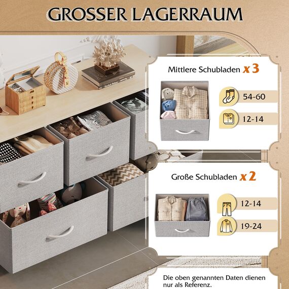 WLIVE Kommode mit 5 Schubladen aus Stoff, Kommodenschrank für Schlafzimmer, Kommode Wohnzimmer Flur, mit Stabiler Stahlrahmen, Holzplatte, Hellgrau
