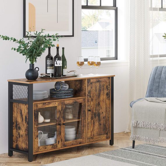 VASAGLE Sideboard, Küchenschrank, Aufbewahrungsschrank, mit 3 Türen, für Wohnzimmer, Küche, Esszimmer, 33 x 110 x 75 cm, Landhausstil, vintagebraun-schwarz LSC096B01