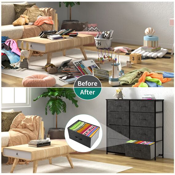 YITAHOME kommode mit Schubladen, Schrank mit 8 Schubladen aus Stoff, Modernen Stil, Stabiler Metallrahmen, Holztischplatte, Aufbewahrungskommode für Schlafzimmer, Wohnzimmer, Flur, Schwarz und Grau