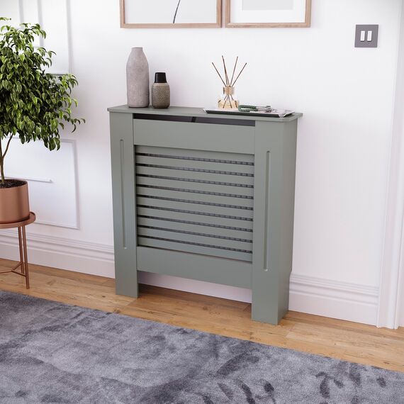 Vida Designs Milton Heizkörperabdeckung Olive Grey - Klein - Modernes horizontales Lamellendesign für optimale Wärmeverteilung - H82xW78xD19cm - Lackiertes MDF-Möbel Ideal für Wohnzimmer und Flur